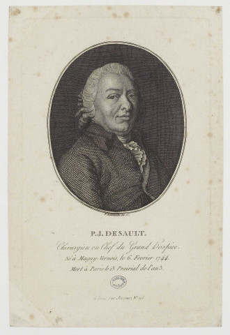 P. J. Desault [image fixe] / F. Bonneville del. sc , Paris : rue Jacques, N° 195, 1780/1790