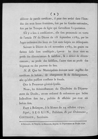 Instruction du Directoire du département du Doubs, relative à la circulation des grains dans l'étendue des trois lieues frontières [fait à Besançon, le 25 octobre 1790]