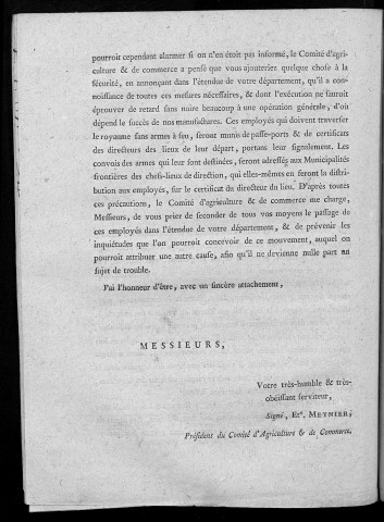 Copie de la lettre écrité par le comité d'agriculture et de commerce à MM. les administrateurs du département du Doubs. A Paris, le 14 novembre 1790 [Signé : Et. Meynier]