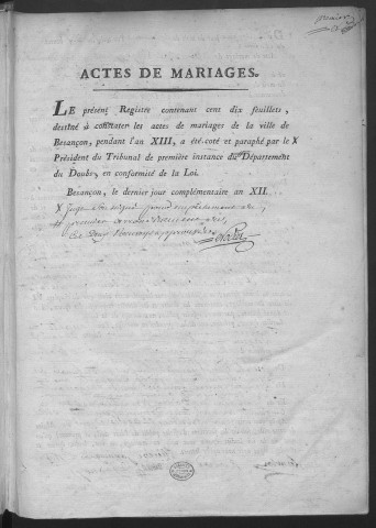 Registre des mariages, 1805