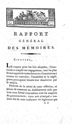 01/01/1800 - Rapport général des mémoires présentés à la Société libre d'agriculture, commerce et arts du département du Doubs [Texte imprimé]