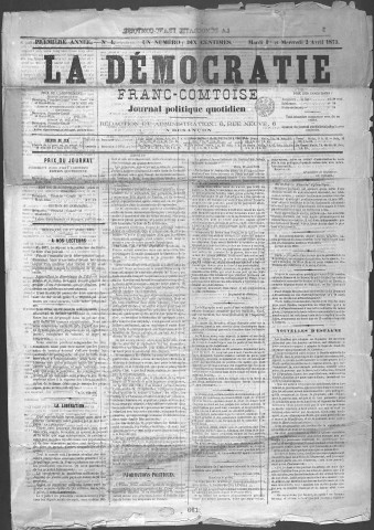 01/04/1873 - La Démocratie franc-comtoise : journal politique quotidien