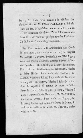 Proclamation faite par M. Monnot, en qualité de président des Electeurs du district de Besançon, des curés élus par le Corps éléctoral, les 27 et 28 Février dernie lad. proclamation faite avant la messe solennelle, chantée à cette occasion dans l'Eglise cathédrale, en présence des Electeurs des Corps administratifs et d'une partie de la Garde nationale