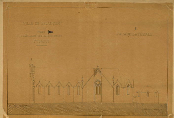 Eglise Saint-Claude, projet de construction, façade latérale : plan dressé par Alphonse Delacroix le 20 février1854 et approuvé par le Conseil municipal le 1er mars 1854 (porte le n°3).