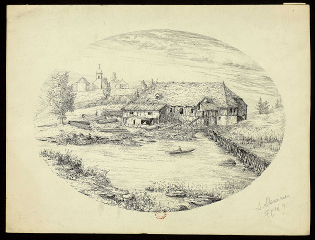 Vue d'un village, avec au premier plan une ferme au bord d'un étang (paysage comtois ?) , [Besançon, 1850-1860]