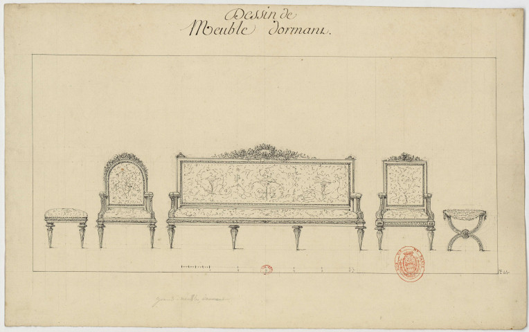 Un canapé, deux fauteuils et deux tabourets, style Louis XVI [Dessin] , 1750/1799