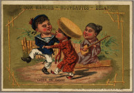 Avis de passage publicitaires des ateliers de tapisserie, grands magasins du Bon marché, Besançon au verso, comprenant différentes images au recto (4 cartes).