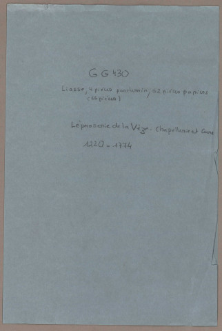 Léproserie de la Vèze
-	Titres de propriétés : comptes de recettes et dépenses relatifs à cette léproserie relevant de la commune de Besançon puis réunie en 1697 à l'hôpital de la Vèze, érigée en cure en 1724
-	Revendication faite en 1686 par l'ordre de Saint Maurice et du Mont Carmel d'une maison avec four, située rue des Granges distraite anciennement de la dotation de la Maladrerie de la Vèze et arrivée par vente à l'Abbaye des Dames de Battant