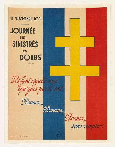 Journée des sinistrés du Doubs et carte et vignettes de l'Entraide française, affichette ; carte ; vignette