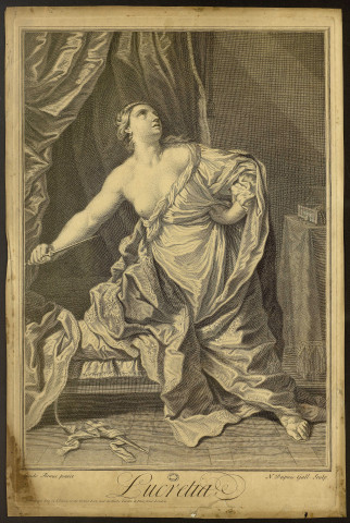 Lucretia [image fixe] / Guido Renus. prinxit ; N. Dupuis. Gall. Sculp  ; Printed and sold by J. Tinnery , London : Printed and sold by J.Tinnery at the Golden Lion near the Globe Taverne in Fleet street London, 1718/1771
