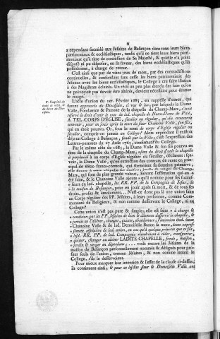 Réflexions pour l'hôpital des enfans [enfants] trouvés, dit du Saint-Esprit, intimé, contre le Collège de Besançon, appellant [et] le Magistrat de la même ville, aussi intimé [pour prouver son droit de propriété sur la chapelle de Champ-Mars]