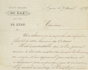 1954.6.44 - Lettre du Directeur de la Compagnie de Gaz de la ville de Lyon adressée à Joseph Lanfrey (1873)
