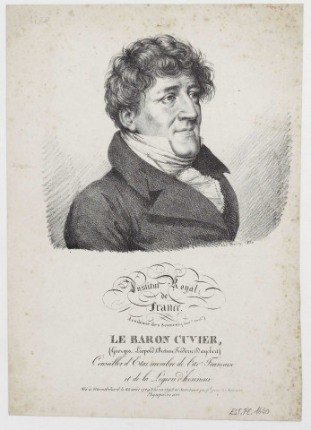 Le Baron Cuvier, (Georges, Léopold, Chrétien, Frédéric, Dagobert.) Conseiller d'Etat, membre de l'ac. Française et de la Légion d'honneur. Né à Momtbéliard le 24 Août 1769. Elu en 1795 et Secrétaire perp. pour les Sciences Physiques en 1802 / Jul. Boilly. 1820. Institut Royal de France. Académie des sciences (Anat. Zool.)