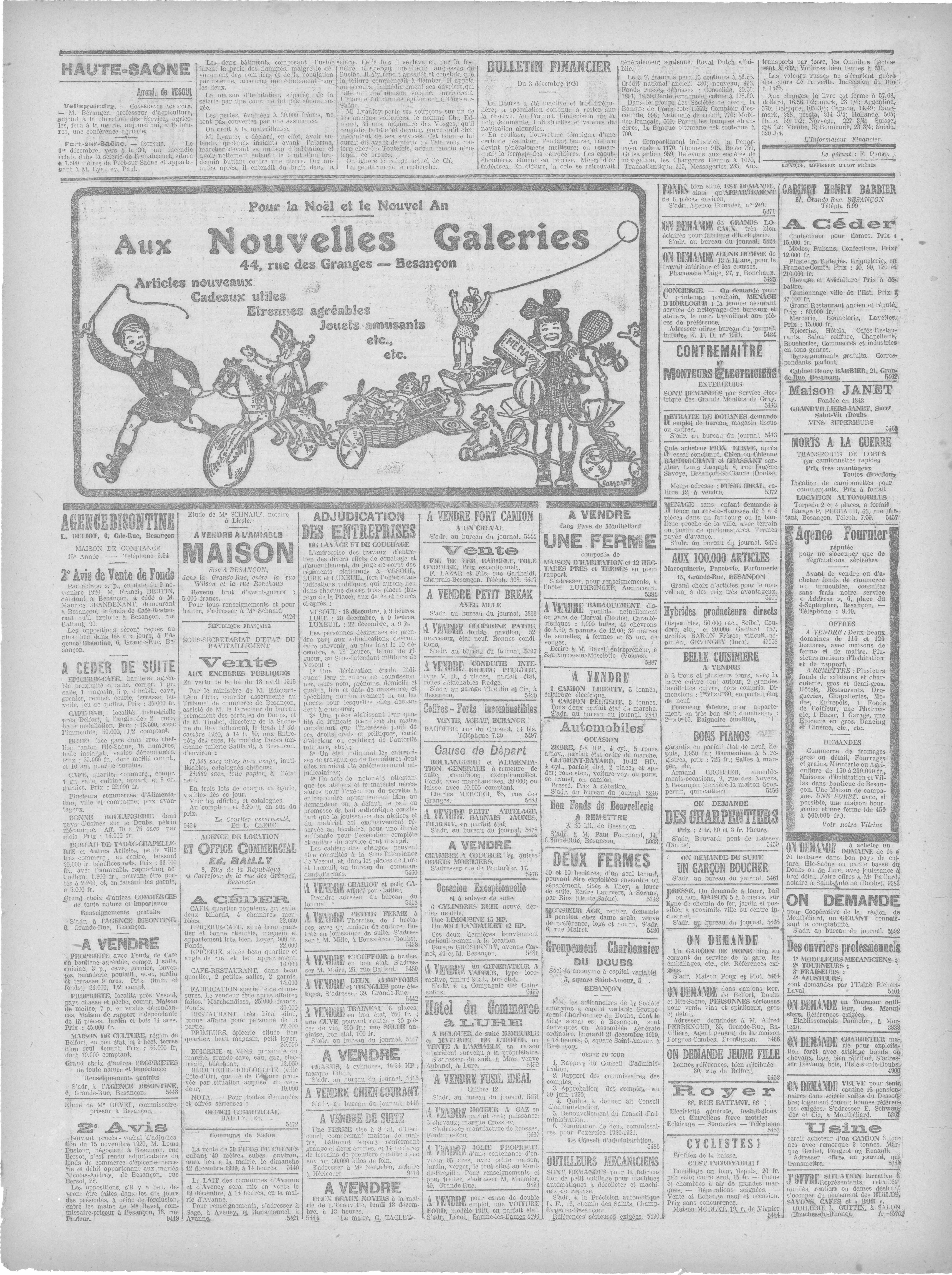 05/12/1920 - Le petit comtois [Texte imprimé] : journal républicain  démocratique quotidien - - Mémoire Vive patrimoine numérisé de Besançon