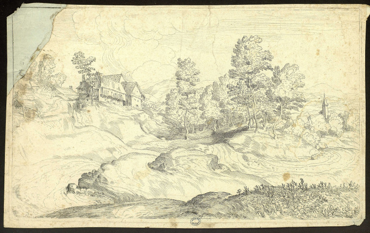 [Paysage dont un émerge d'un bouquet d'arbres le clocher de l'église] [image fixe] / Campagnola In. C. Sculp. , 1712/1765