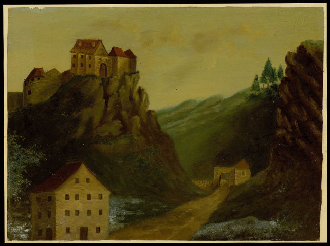 Le château de Joux depuis la poterne d'entrée [dessin] / par le Dr Berthelet maire d'Oye , [S.l.] : [Berthelet], [1817]