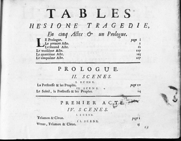 Hésione, tragédie mise en musique par monsieur Campra représenté par l'Académie royalle de musique le vingt-huitième jour de décembre 1700