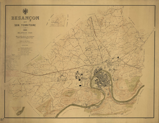 Plan de la ville de Besançon et son territoire au 1/20 000e, dit "plan Delavelle" (nom du maire), réalisé par l'ingénieur Voyer sous la direction de L. Rouzet.