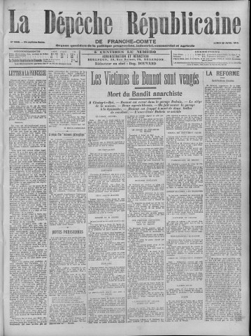 29/04/1912 - La Dépêche républicaine de Franche-Comté [Texte imprimé]