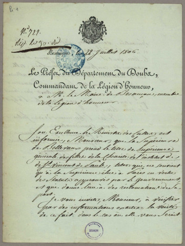 Congrégation des Sœurs de la Charité, correspondance échangée avec la supérieure Jeanne-Antide Thouret (1806) ; subvention octroyée par le département : correspondance (1808) ; liste des sœurs composant la congrégation, ses missions et ses propriétés immobilières (1808, 1819) ; demande de renseignements financiers par la Préfecture : correspondance (1833, 1836) ; acceptation de legs : correspondance (1840) ; acquisition et vente de biens immobiliers : affiche (1875).