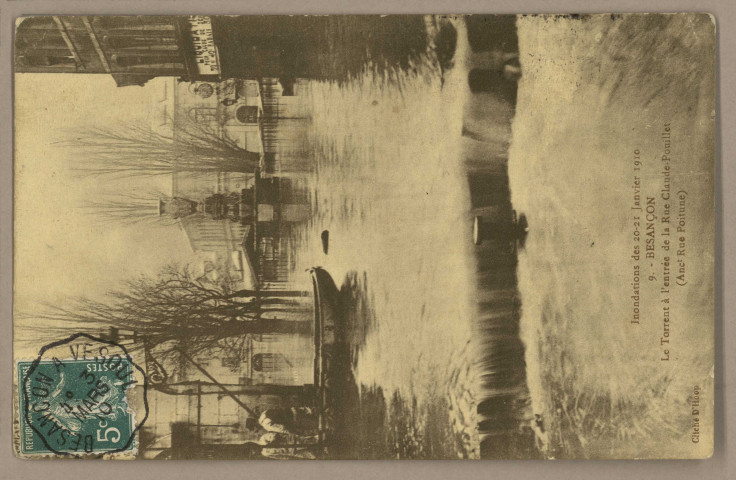 Besançon - Inondations des 20-21 Janvier 1910 - Le Torrent à l'entrée de la Rue Claude-Pouillet (Anct Rue Poitune). [image fixe] , 1904/1910