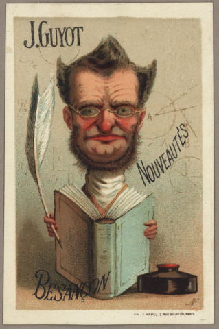 Avis de passage publicitaires de J. Guyot, grands magasins de nouveautés, 21 rue des Granges, Besançon, 3 cartes imprimées par Courbe-Rouzet & Cie, Dole (Jura) et 2 cartes imprimées par Lith. F, Paris.