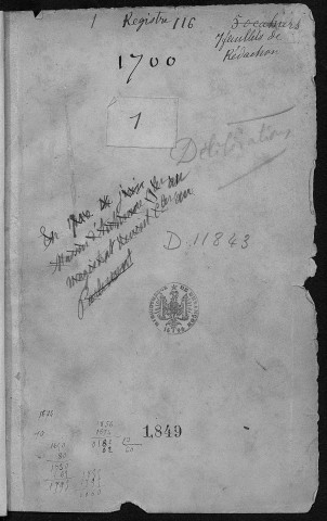 Ms 1849 - Inventaire et analyse des registres des délibérations municipales de la Ville de Besançon : 1700-1733 (tome VIII). Notes d'Auguste Castan (1833-1892)