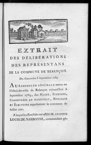 Extrait des délibérations des représentans de la commune de Besançon, du dimanche 6 septembre 1789