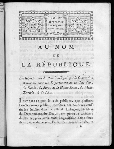 Au nom de la République. Les Représentants du peuple délégués par la Convention nationale pour les départements de la Côte d'Or, du Doubs, du Jura, de la Haute-Saône , du Mont-Terrible et de l'Ain. [3 septembre 1793]