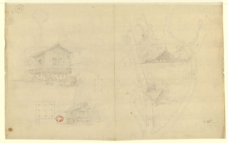 Pavillons conique et circulaire en bois et Plan topographique [Dessin] , [S.l.] : [s.n.], [1750-1799]