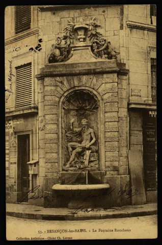 Besançon - Besançon - La Fontaine Ronchaux et la Statue du Doubs terminée en 1730 ; elle est l'oeuvre de l'architecte Charles Longiu et des sculpteurs comtois Jacques Perrette et Devosge. [image fixe] , 1910/1930