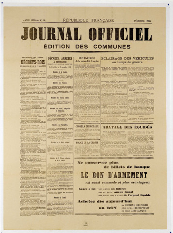 Journal officiel. Edition des communes, décrets-lois d'octobre et novembre 1939, affiche