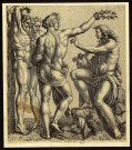 [Apollon fait écorcher le satyre Marsias, qui s'était vanté d'être meilleur musicien lors d'un concours] [estampe] / N. Francesco Bocquet deli. et sculp.  ; Raphael Durb. inve. et pinx. , Roma supe. : [s.n.], permissu 1690