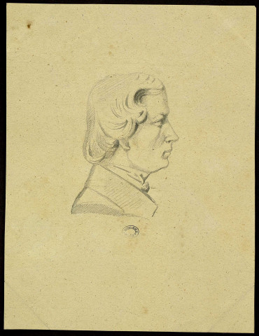 Xavier Marmier. Tête, profil droit. D'après un buste sculpté [dessin] , [S.l.] : [s.n.], [1800-1899]