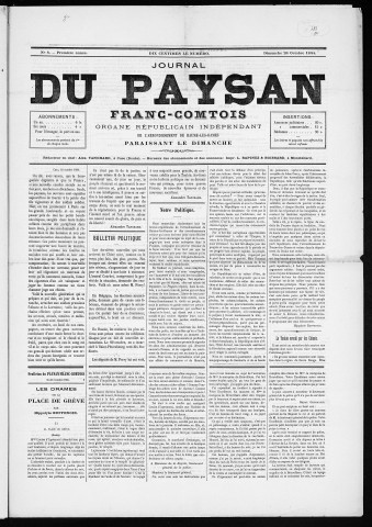 26/10/1884 - Le Paysan franc-comtois : 1884-1887