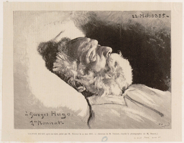 Victor Hugo après sa mort, peint par M. Bonnat le 22 mai 1885. [image fixe] / Gravure de M. Thiriat, d'après la photographie de M. Braun 1885
