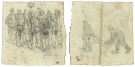 Recto : Février sur la place d'appel ; verso : Deux déportés et un charriot, dessin de Léon Delarbre