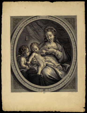 La Vierge allaitant l'enfant Jésus [image fixe] / Antonius Corregiensis pinxit. N. Bazin sculpsit , 1653/1710