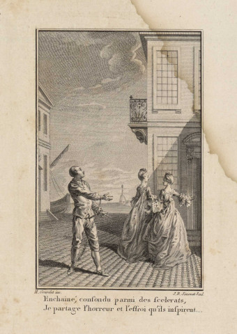 Gravure pour l'acte II scène VII de "L'Honnête criminel" de Fenouillot de Falbaire [image fixe] / H. Gravelot inv. J. B. Simonet sculp. , Paris, 1775/1785