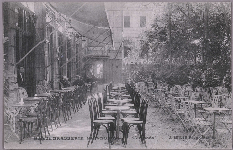 Grande Brasserie Viennoise - Terrasse - J. Seiler Propriétaire. [image fixe] , 1904/1915