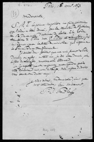 Ms Z 416 - Pierre-Joseph Proudhon. Lettre à Héloïse Buisson. Paris. 16 avril 1853.