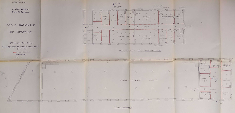 Ancien bâtiment de l'Arsenal (place Saint Jacques) - aménagements pour la faculté de médecine et de pharmacie, tranches 2 et 3 : délibérations du conseil municipal (participation de la ville) ; relations avec le rectorat : correspondance ; plans, dossier de consultation des entreprises, dossier de marché.