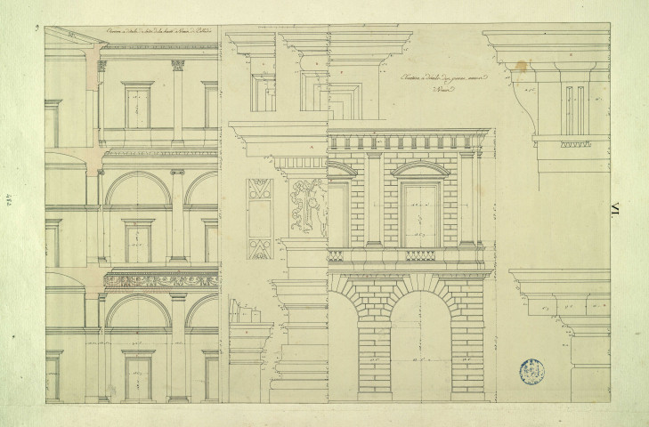 Elévation et détails du cloître de la Charité à Venise, de Palladio. Elévation et détails des prisons neuves à Venise / Pierre-Adrien Pâris , [S.l.] : [P.-A. Pâris], [1700-1800]
