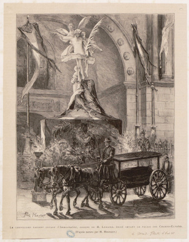 Le corbillard passant devant l'Immortalité, groupe de M. Lemaire, érigé devant le palais des Champs-Elysées [image fixe] / (D'après nature par M. Merwart.) , 1885