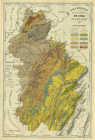Carte géologique du département du Jura par le frère Ogérien. 15000m. [Document cartographique] , Lons-le-Saunier : impr. lith. A. Robert., 1875/1900