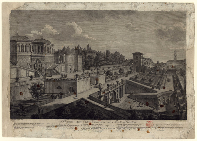 Prospetto degli Orti Franesiani sul i Monte Palatino [Image fixe] / Francesco Panini delin., Carlo Antonini inci. , 1780