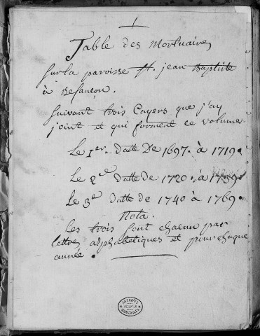 Paroisse Saint Jean Baptiste : tables des mortuaires pour la paroisse Saint Jean Baptiste (1697 - 1769)