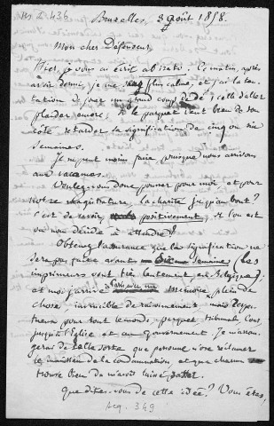 Ms Z 436 - Pierre-Joseph Proudhon. Lettre à Gustave Chaudey. Bruxelles. 3 août 1858.