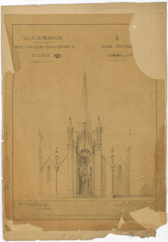 Eglise Saint-Claude, projet de construction, façade principale : élévation dressée par l'architecte de la ville Alphonse Delacroix le 20 février 1854 et approuvé par le Conseil municipal le 1er mars 1854 (porte le n°6).