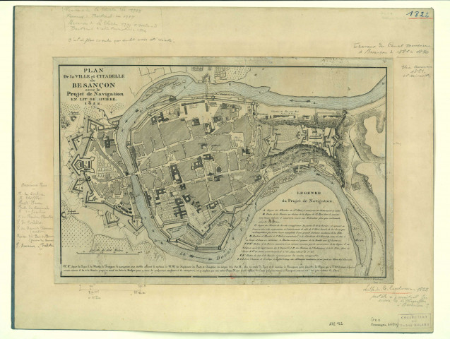 Plan de la ville et citadelle de Besançon, avec le projet de navigation en lit de rivière , [S.l] : lith.G. Engelmann, 1822